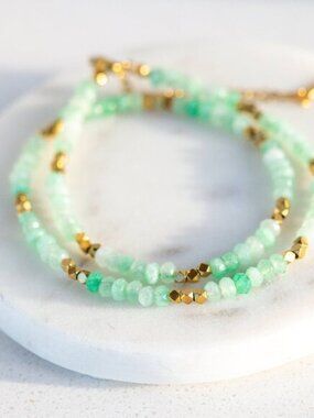 Pretty Green Gemstone Beaded Necklace Gold Layering Necklace WATERPROOF Jewelry